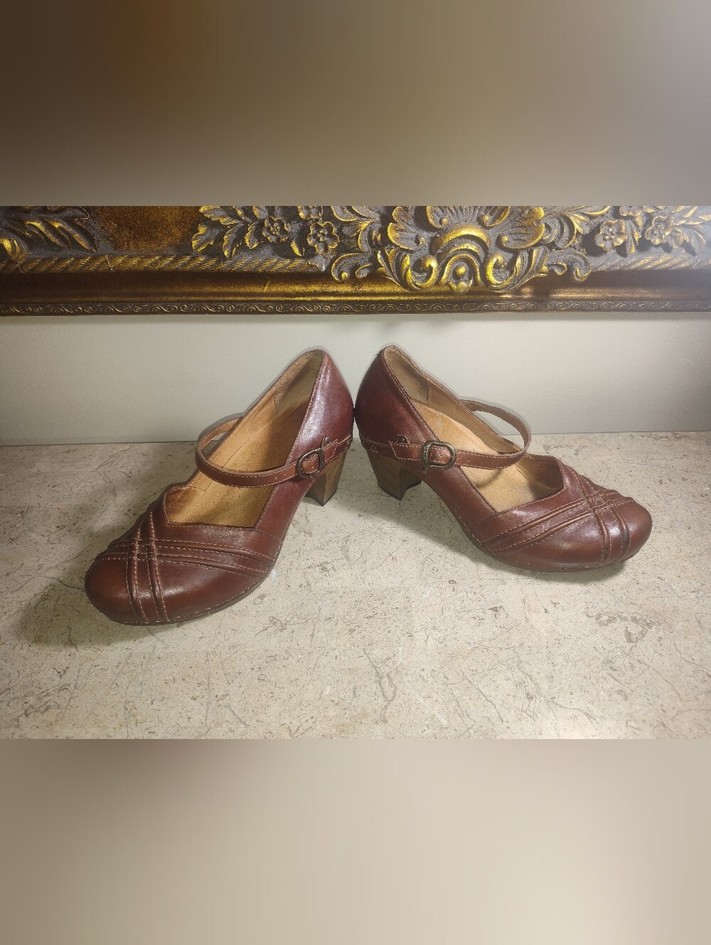 Dansko Chestnut Brown Leather Mary Jane Heels with Ankle Strap.